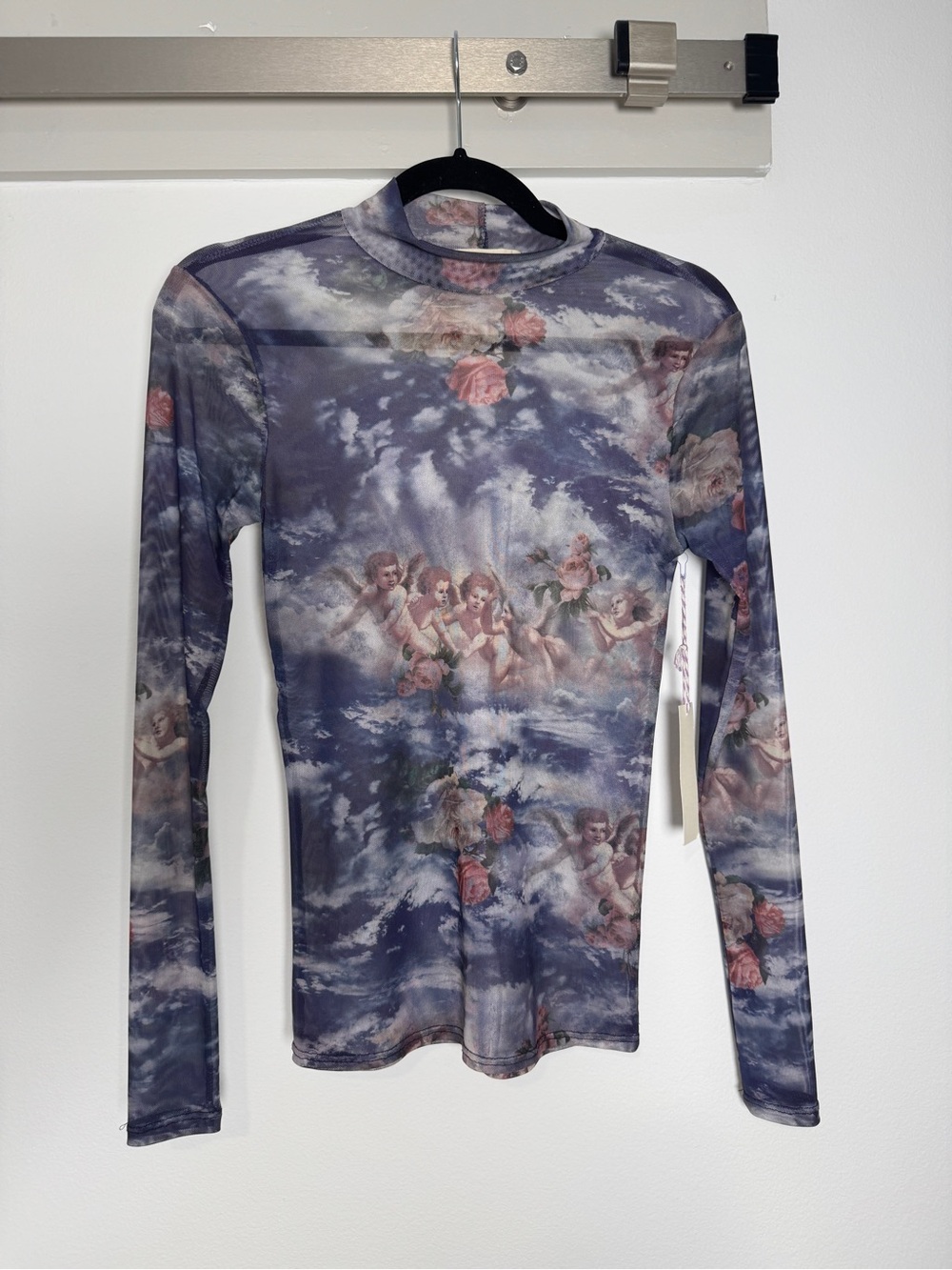 Angel Print Sheer Long Sleeve Mesh Top - Purple & Pink Small New